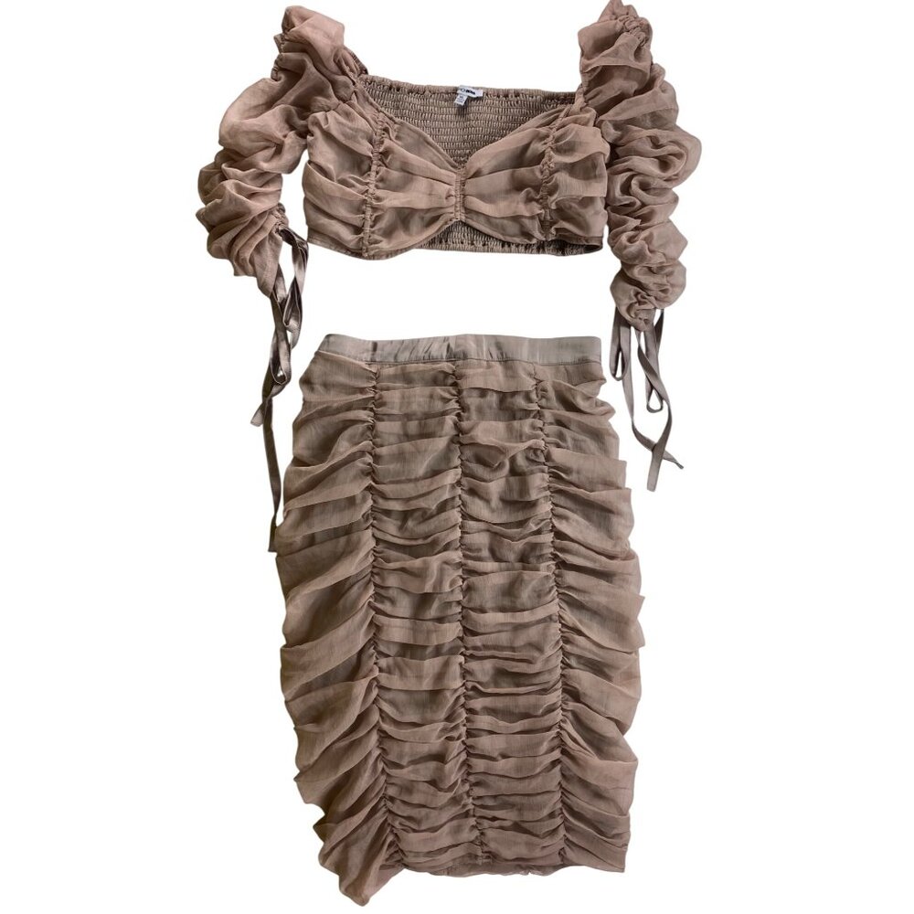 Sexy Ruched Two-Piece Beige Set Crop Top & High-Waisted Skirt Fashion Nova XL